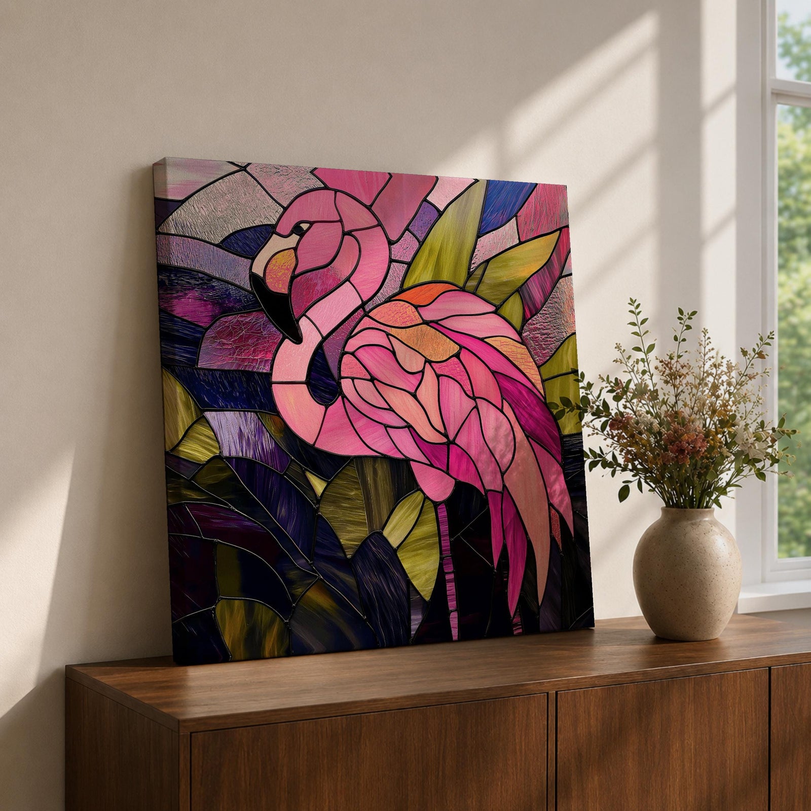 Flamingo Wall Art Tropical Lagoon Framed Canvas Stained Glass Exotic Animal Coastal Decor