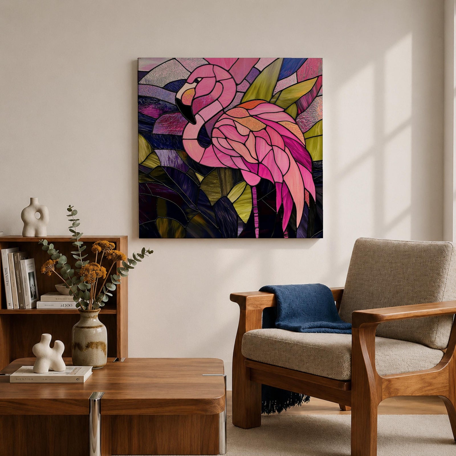 Flamingo Wall Art Tropical Lagoon Framed Canvas Stained Glass Exotic Animal Coastal Decor