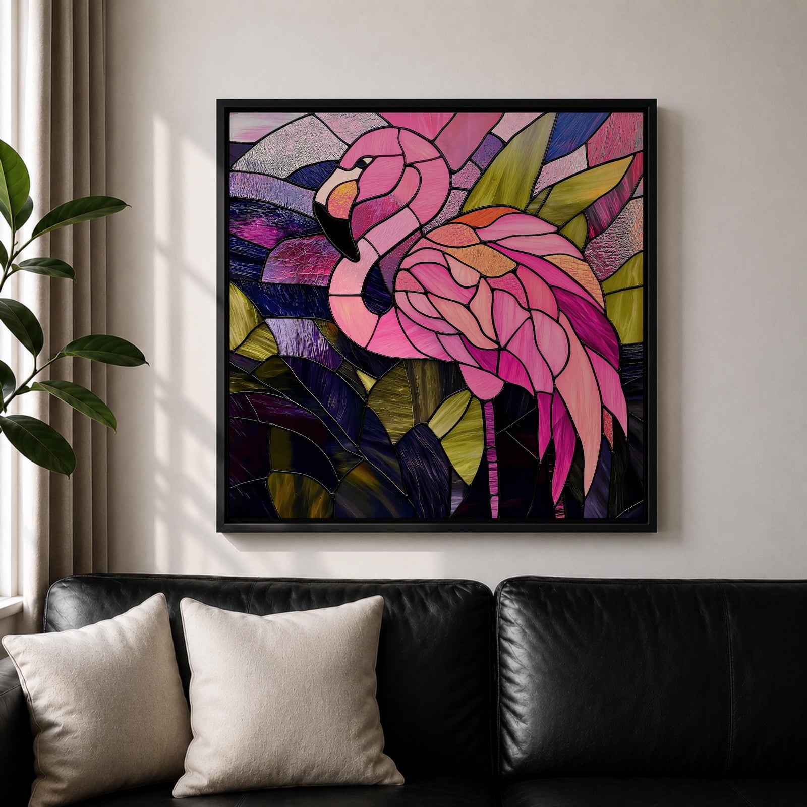 Flamingo Wall Art Tropical Lagoon Framed Canvas Stained Glass Exotic Animal Coastal Decor