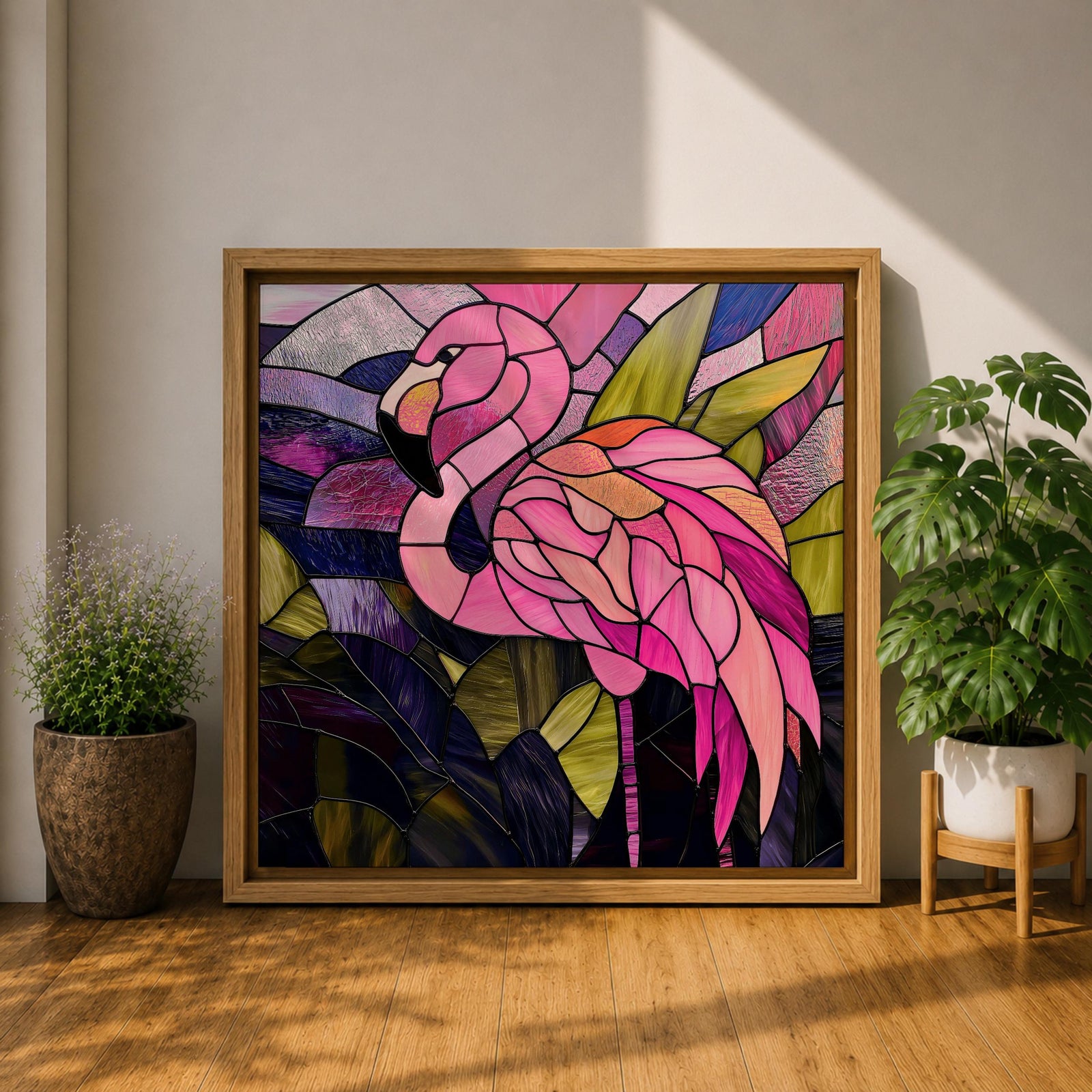 Flamingo Wall Art Tropical Lagoon Framed Canvas Stained Glass Exotic Animal Coastal Decor