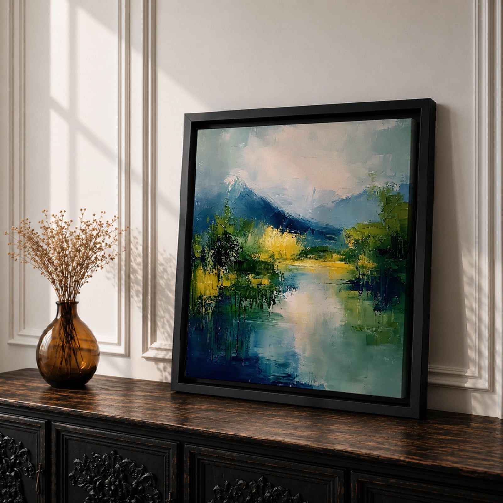 Mountain Lake Wall Art Alpine Landscape Framed Canvas Serene Impasto Rustic Cabin Home Decor
