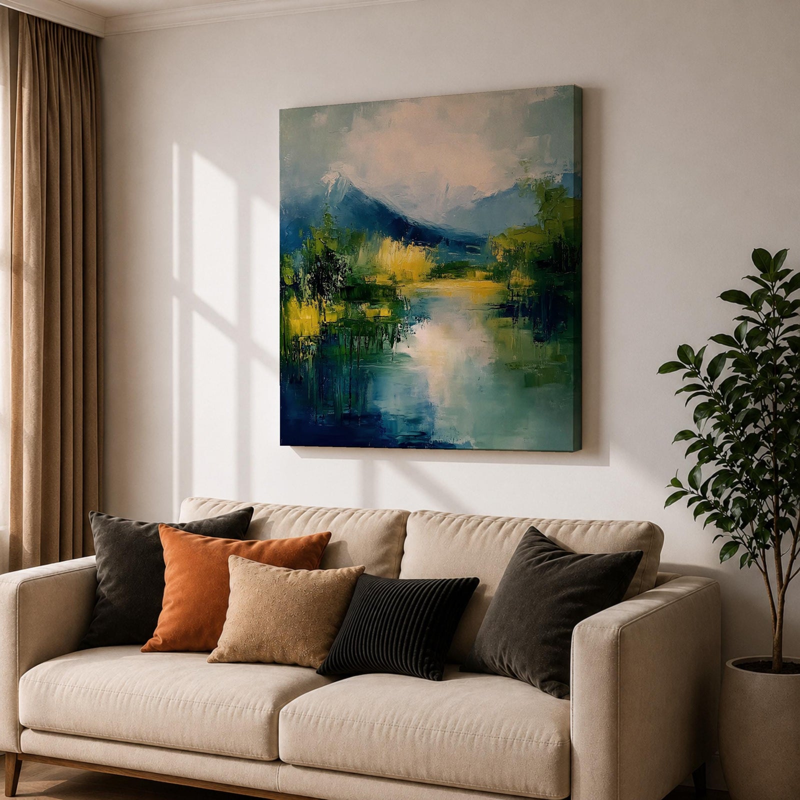 Mountain Lake Wall Art Alpine Landscape Framed Canvas Serene Impasto Rustic Cabin Home Decor