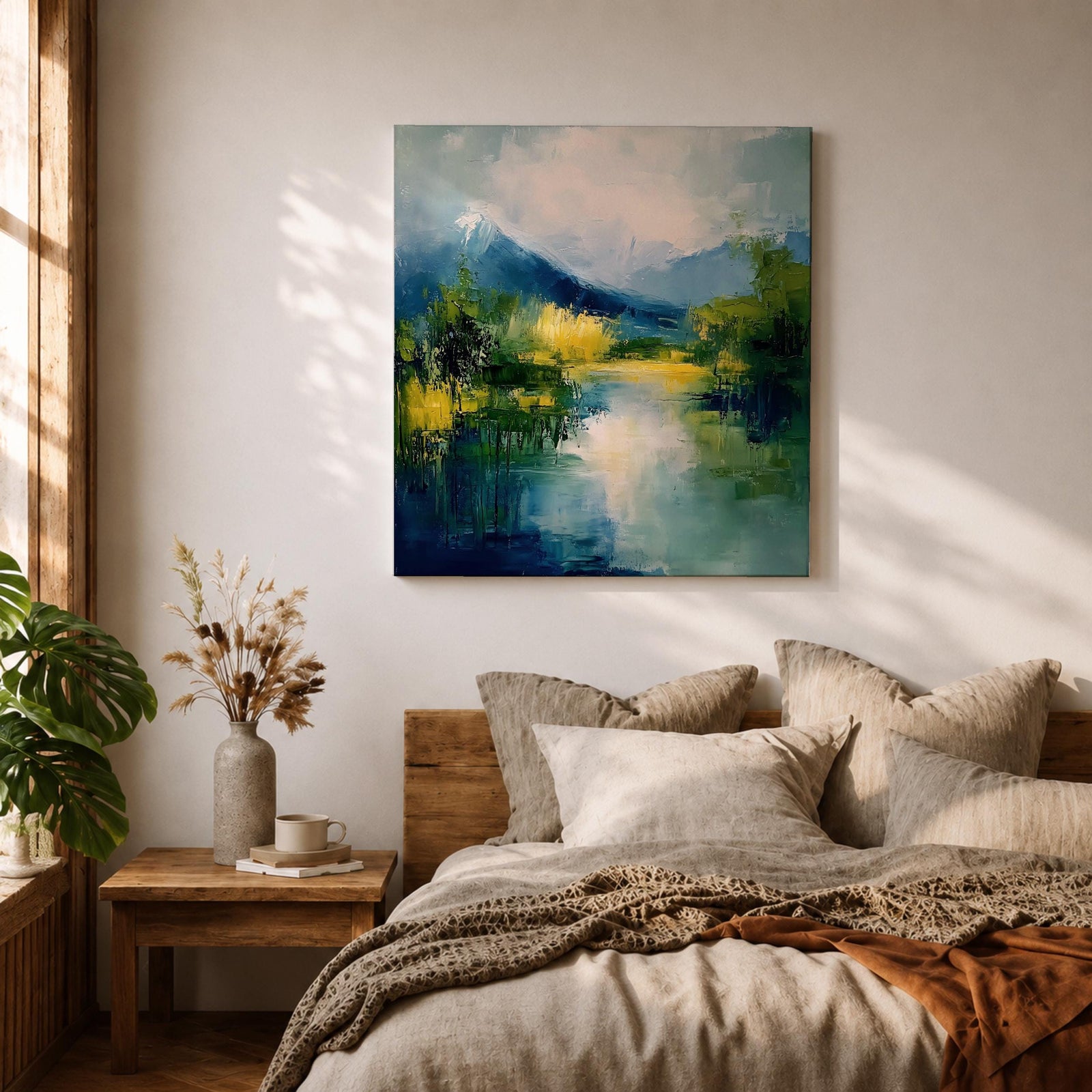 Mountain Lake Wall Art Alpine Landscape Framed Canvas Serene Impasto Rustic Cabin Home Decor