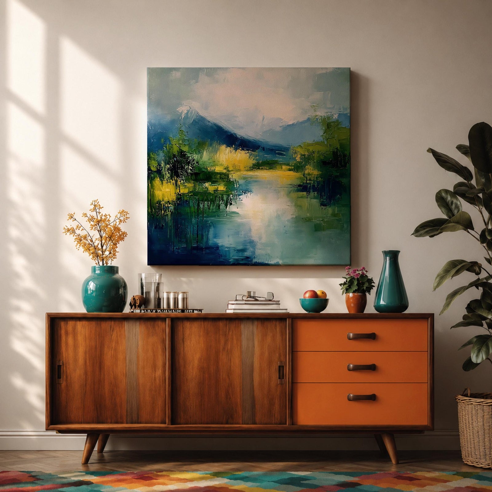 Mountain Lake Wall Art Alpine Landscape Framed Canvas Serene Impasto Rustic Cabin Home Decor