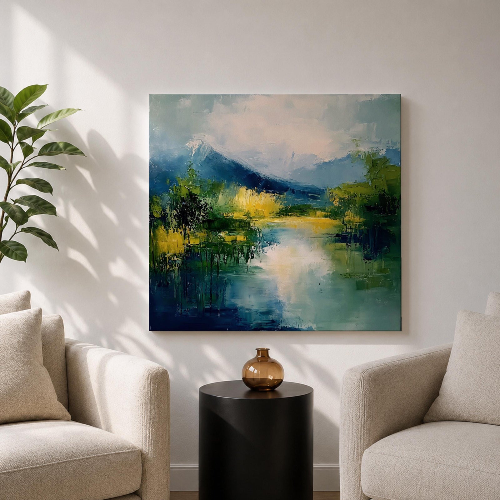 Mountain Lake Wall Art Alpine Landscape Framed Canvas Serene Impasto Rustic Cabin Home Decor