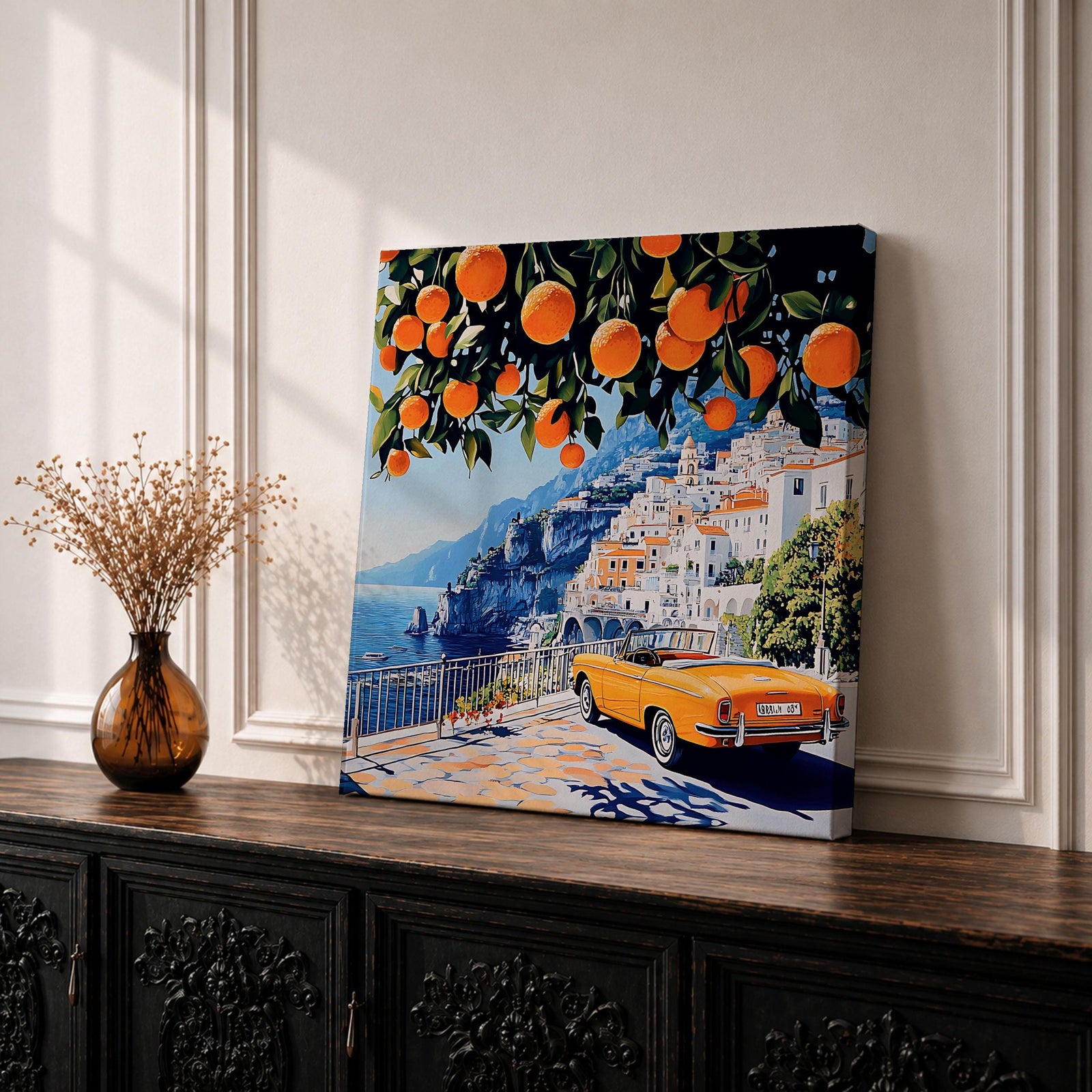 Amalfi Coast Orange Tree Wall Art Mediterranean Italy Framed Canvas Retro Coastal Landscape Decor