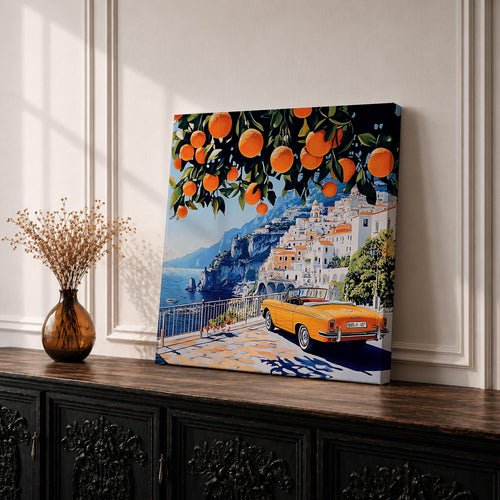 Amalfi Coast Orange Tree Wall Art Mediterranean Italy Framed Canvas Retro Coastal Landscape Decor