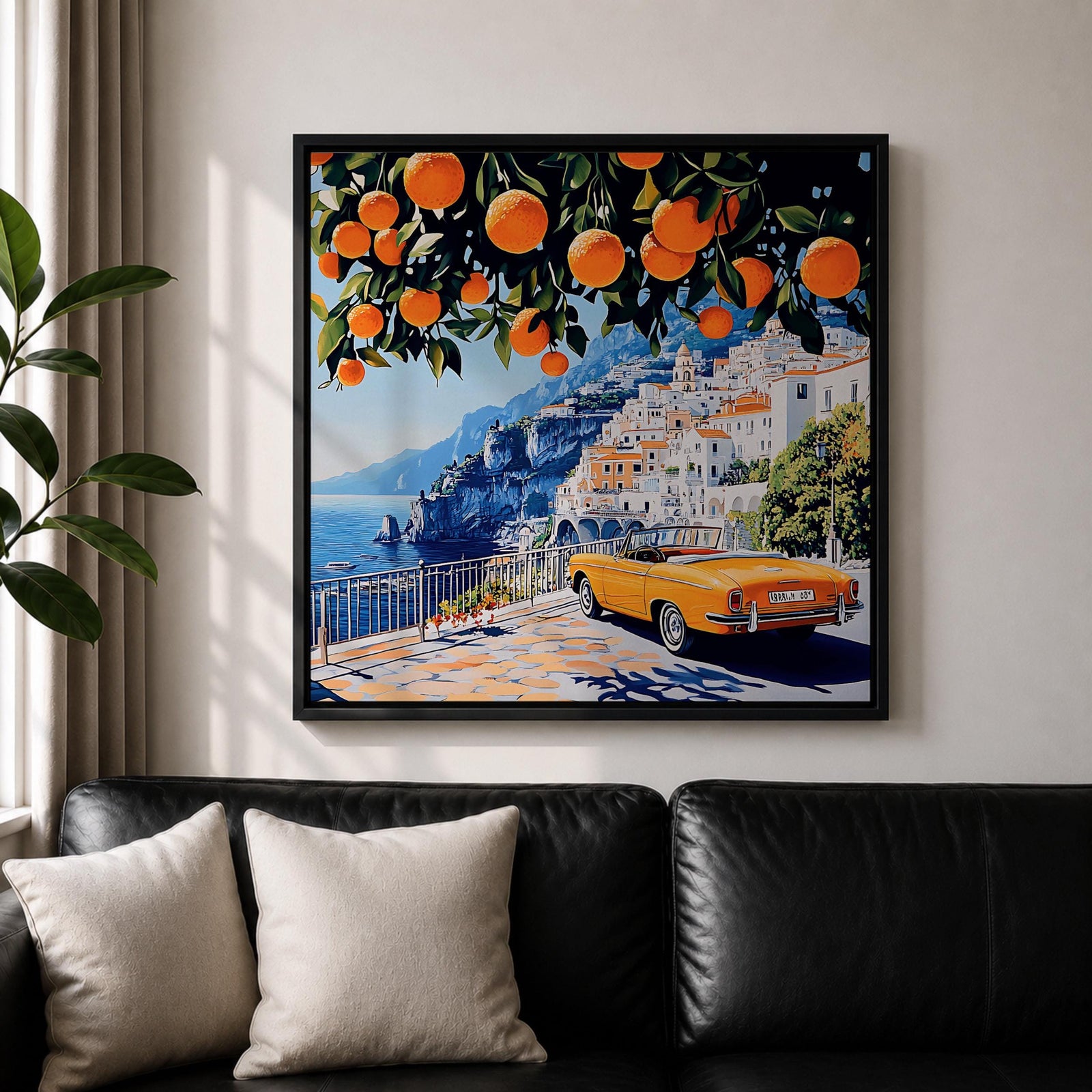 Amalfi Coast Orange Tree Wall Art Mediterranean Italy Framed Canvas Retro Coastal Landscape Decor