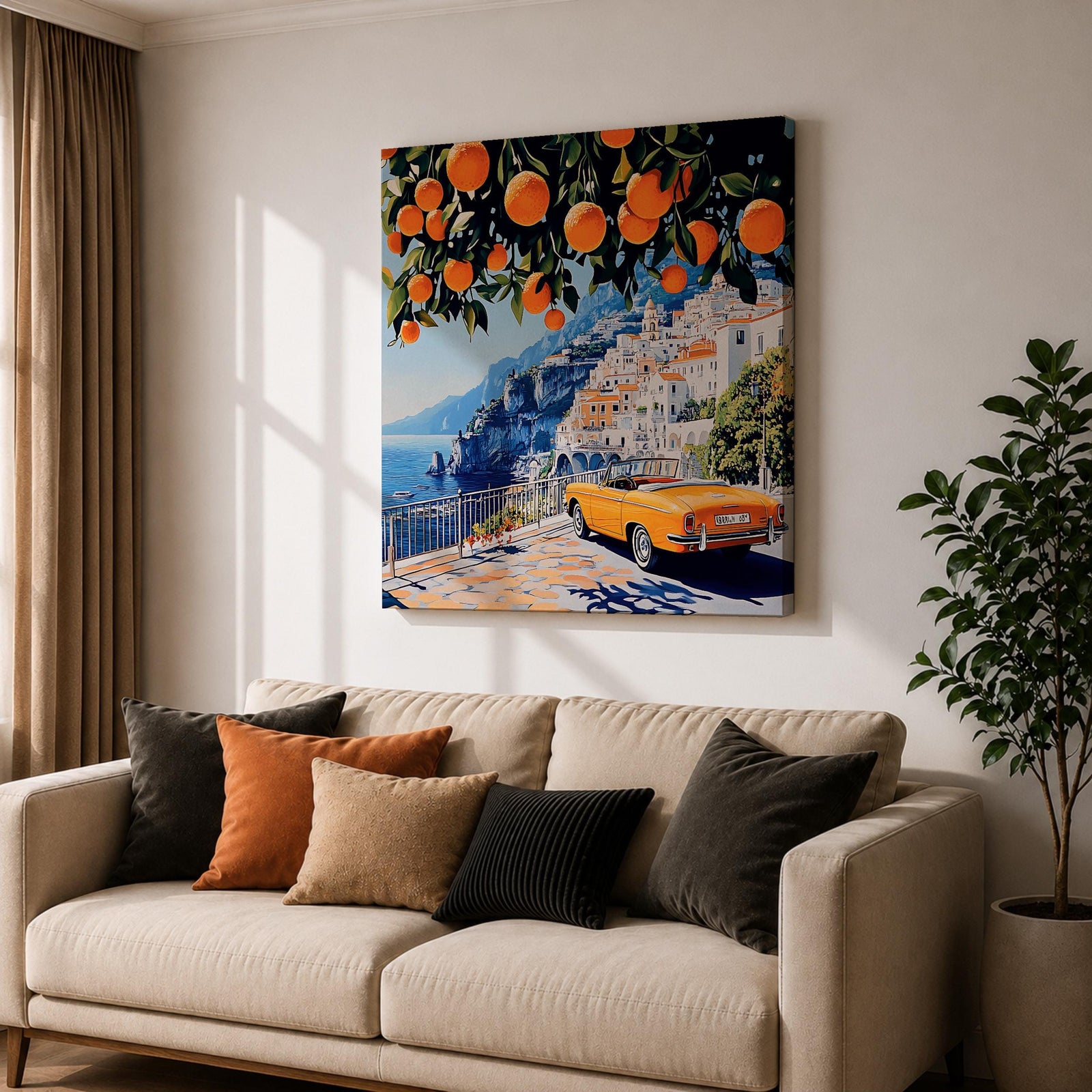 Amalfi Coast Orange Tree Wall Art Mediterranean Italy Framed Canvas Retro Coastal Landscape Decor