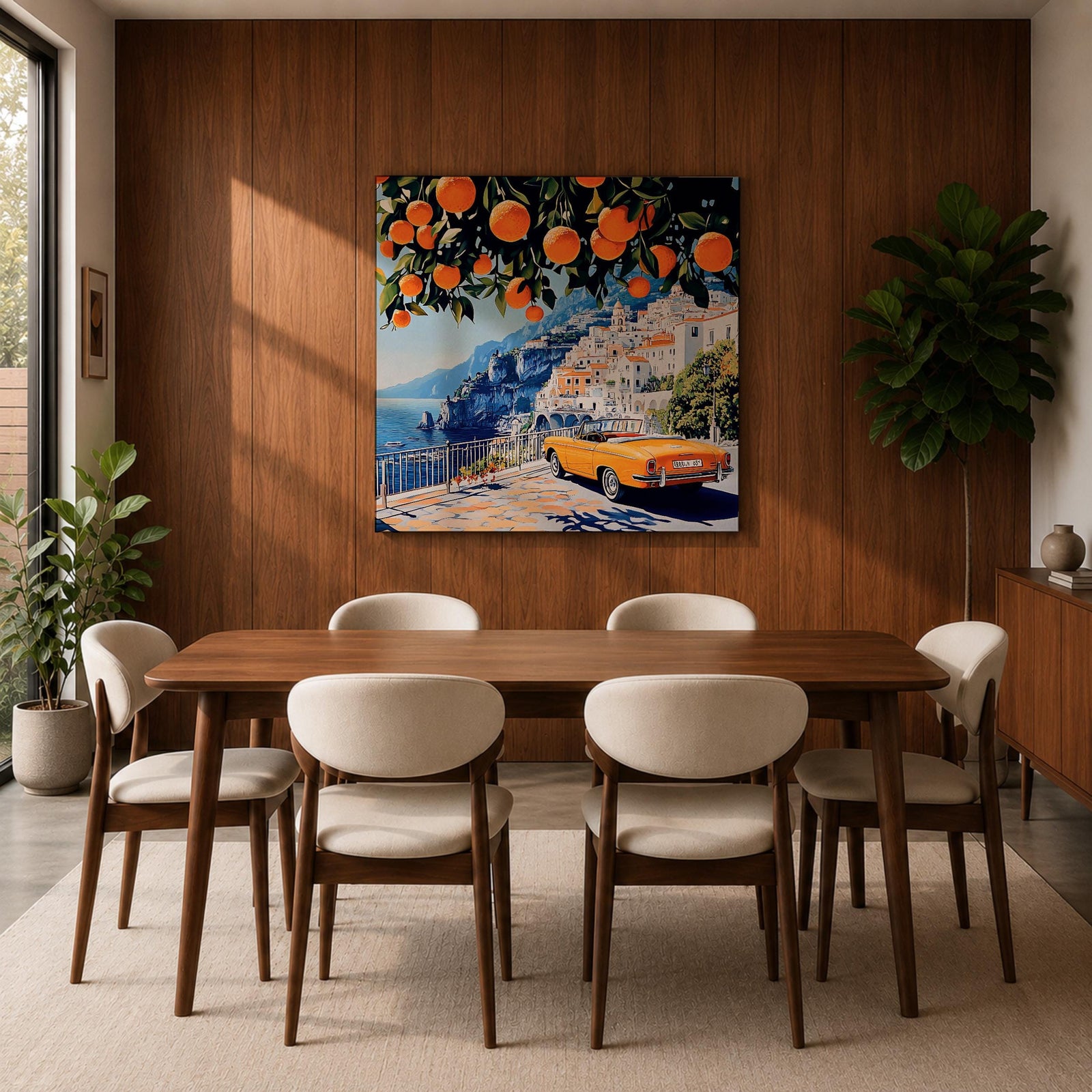 Amalfi Coast Orange Tree Wall Art Mediterranean Italy Framed Canvas Retro Coastal Landscape Decor