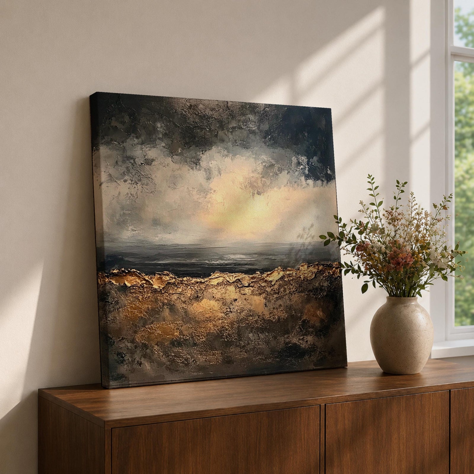 Abstract Landscape Wall Art Neutral Horizon Framed Canvas Textured Rustic Modern Home Decor