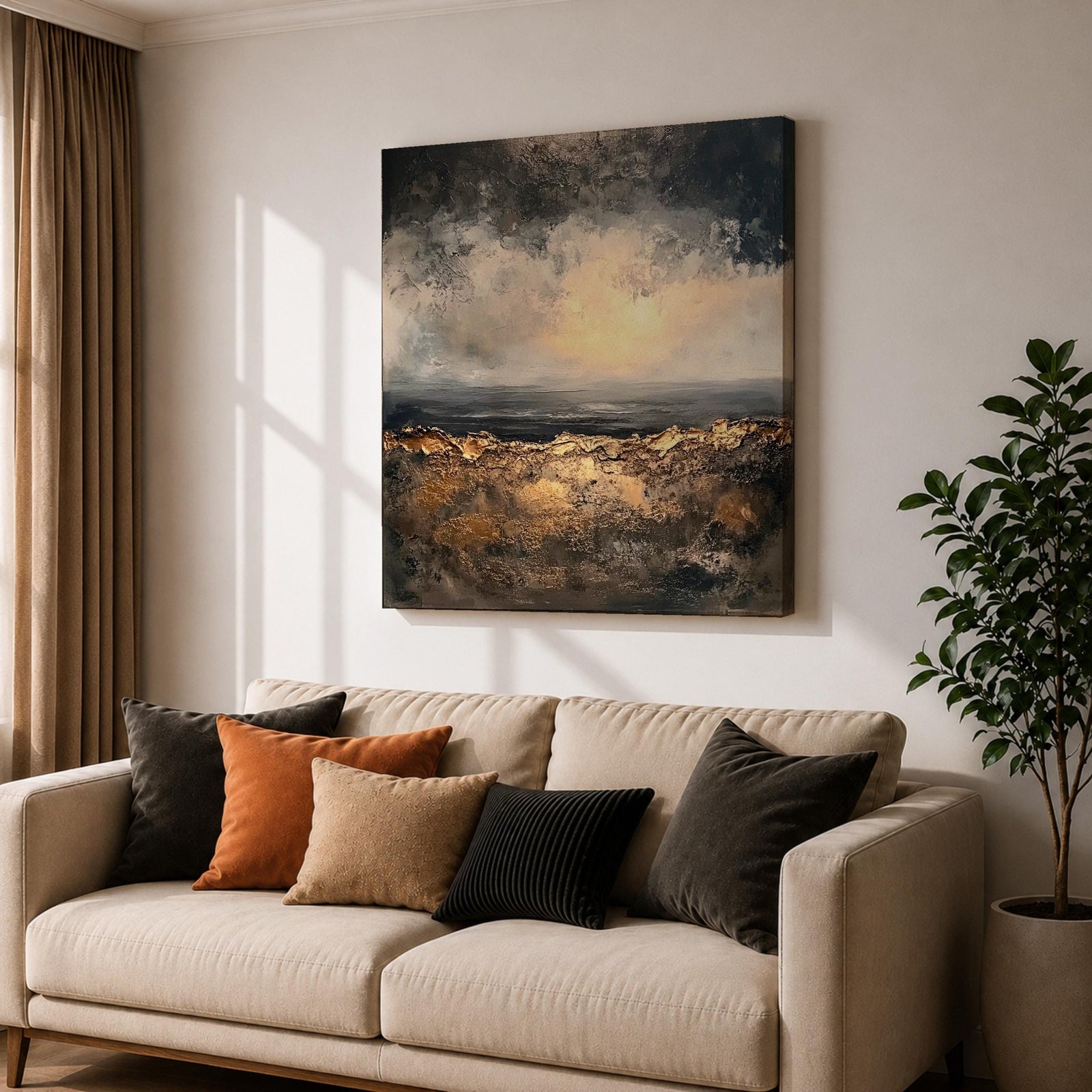 Abstract Landscape Wall Art Neutral Horizon Framed Canvas Textured Rustic Modern Home Decor