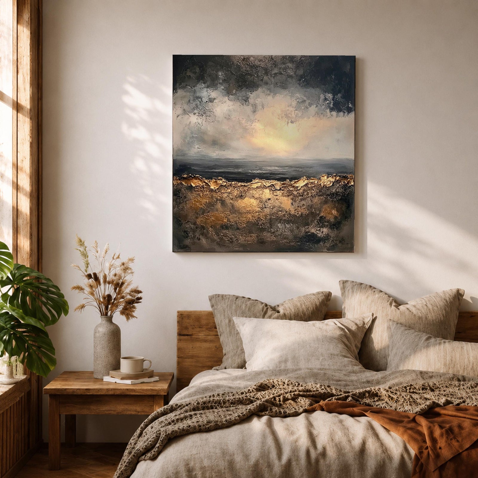 Abstract Landscape Wall Art Neutral Horizon Framed Canvas Textured Rustic Modern Home Decor