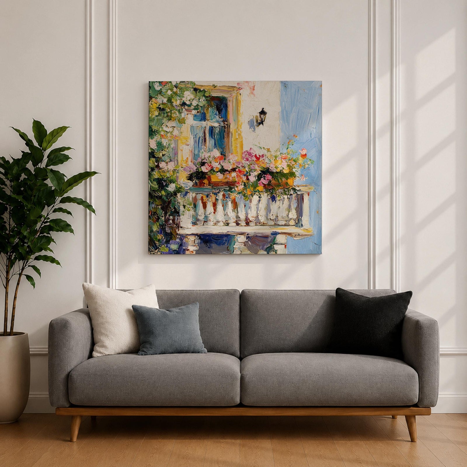 Mediterranean Balcony Wall Art Tuscan Terrace Framed Canvas Rustic Floral Boho Garden Decor