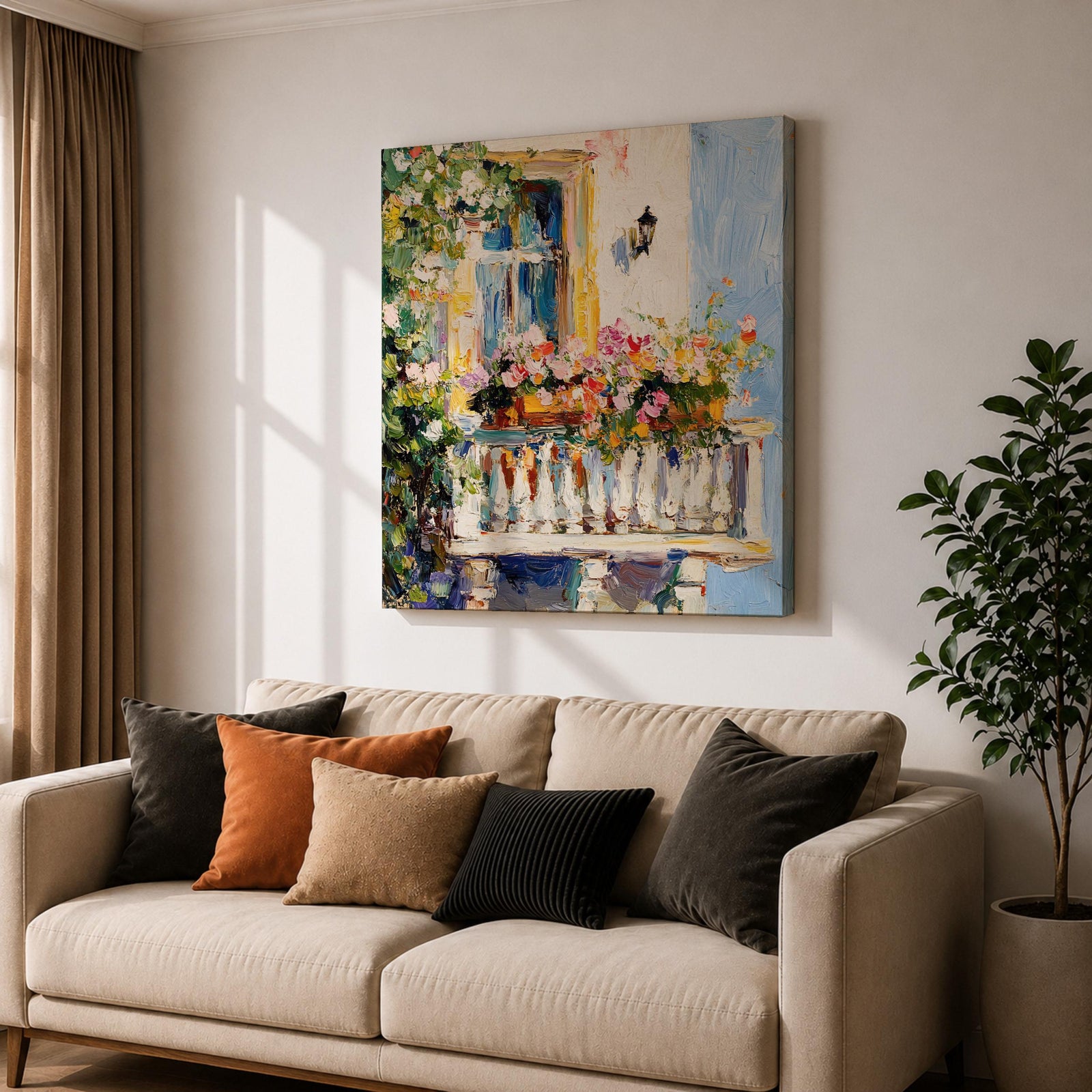 Mediterranean Balcony Wall Art Tuscan Terrace Framed Canvas Rustic Floral Boho Garden Decor