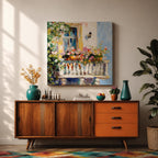 Mediterranean Balcony Wall Art Tuscan Terrace Framed Canvas Rustic Floral Boho Garden Decor