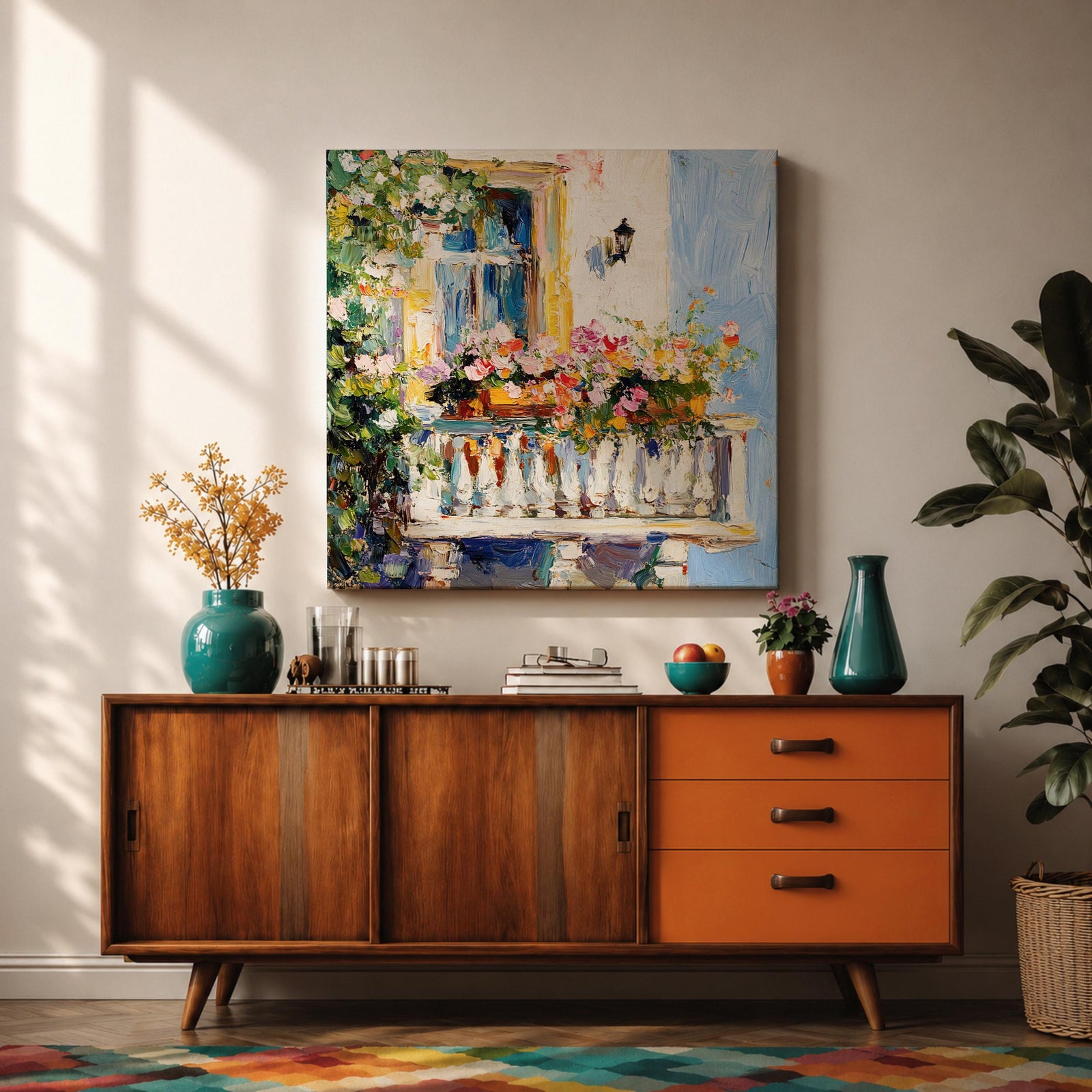 Mediterranean Balcony Wall Art Tuscan Terrace Framed Canvas Rustic Floral Boho Garden Decor