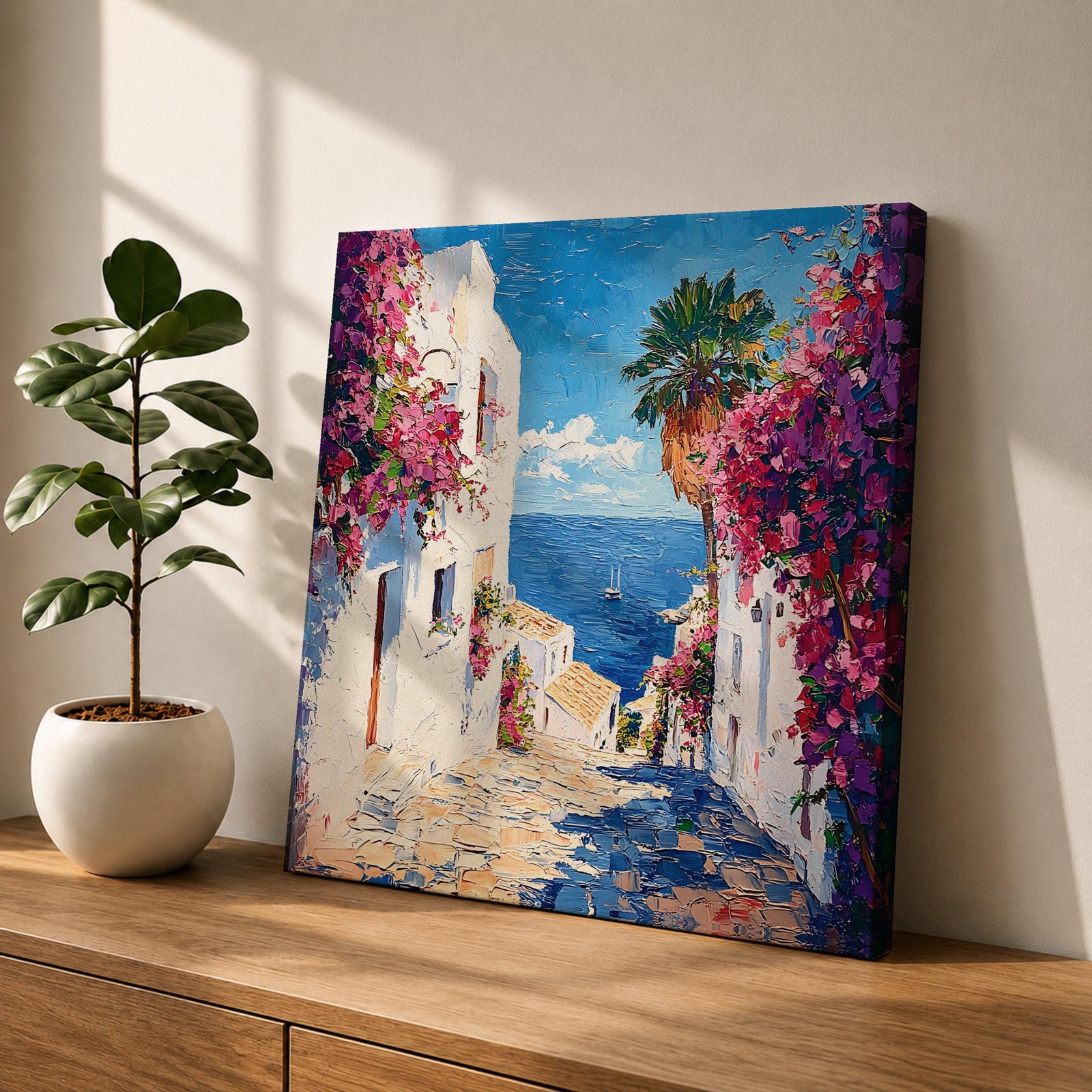 Santorini Greece Wall Art Greek Island Framed Canvas Mediterranean Coastal Landscape Living Room Decor