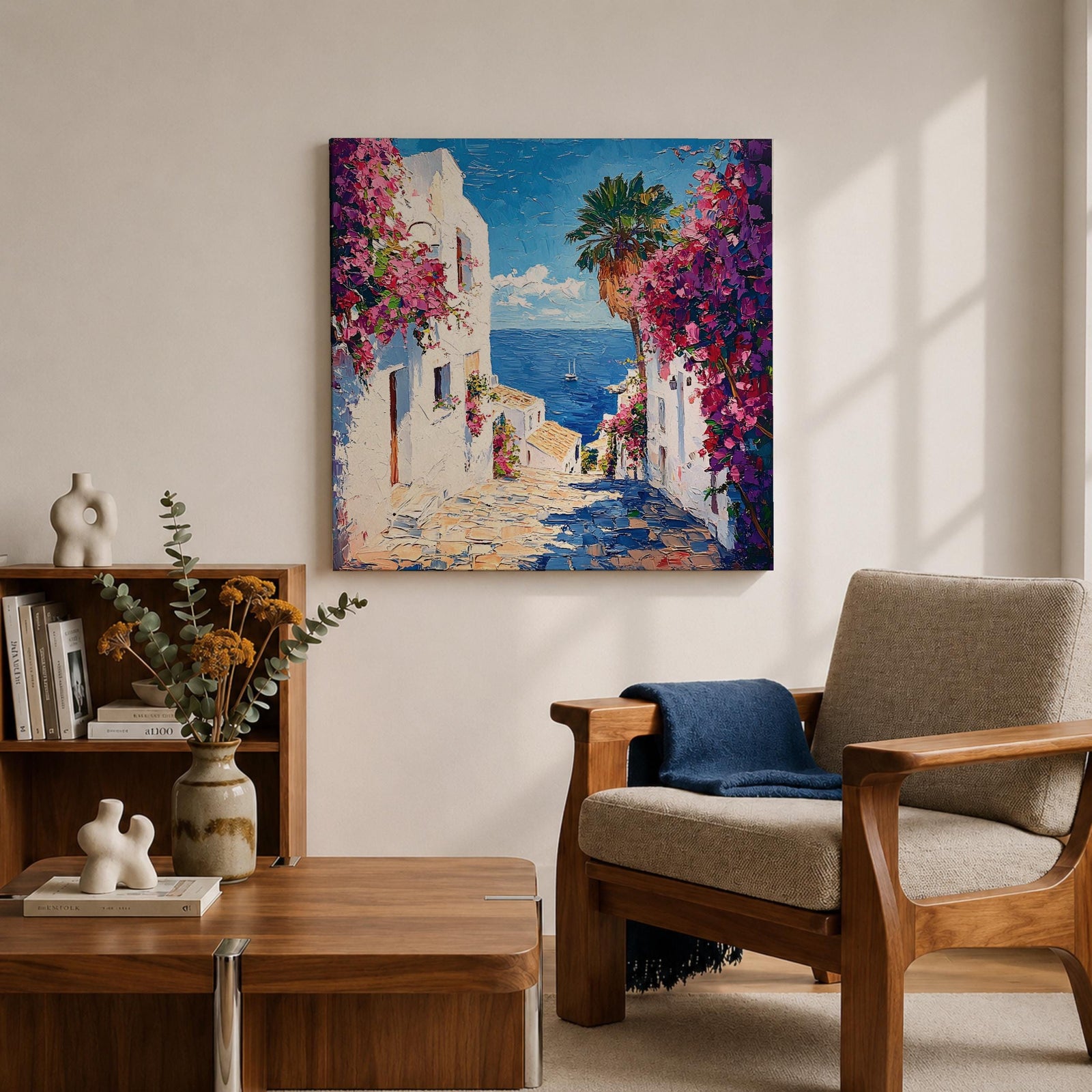 Santorini Greece Wall Art Greek Island Framed Canvas Mediterranean Coastal Landscape Living Room Decor
