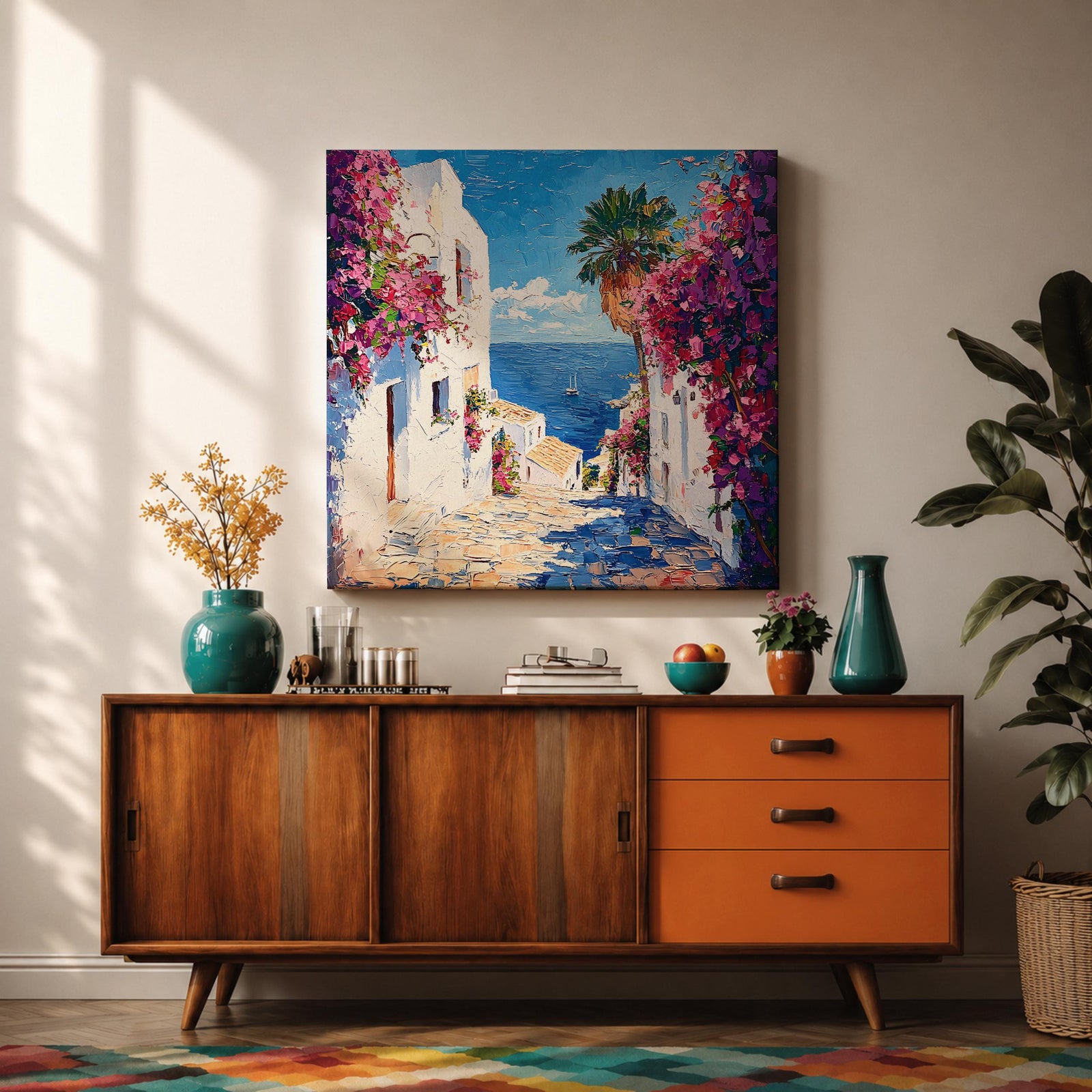 Santorini Greece Wall Art Greek Island Framed Canvas Mediterranean Coastal Landscape Living Room Decor