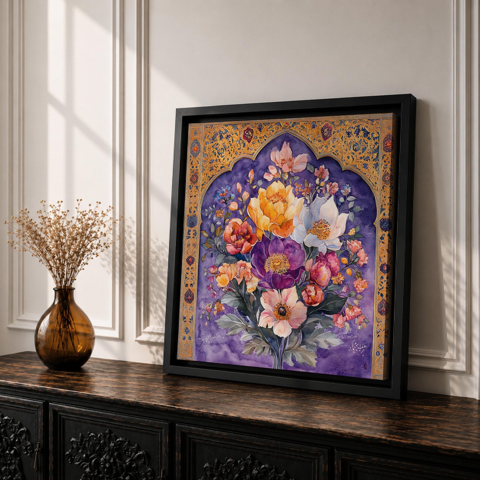 Persian Floral Wall Art Arch Bouquet Framed Canvas Gol O Morgh Persian Islamic Decor