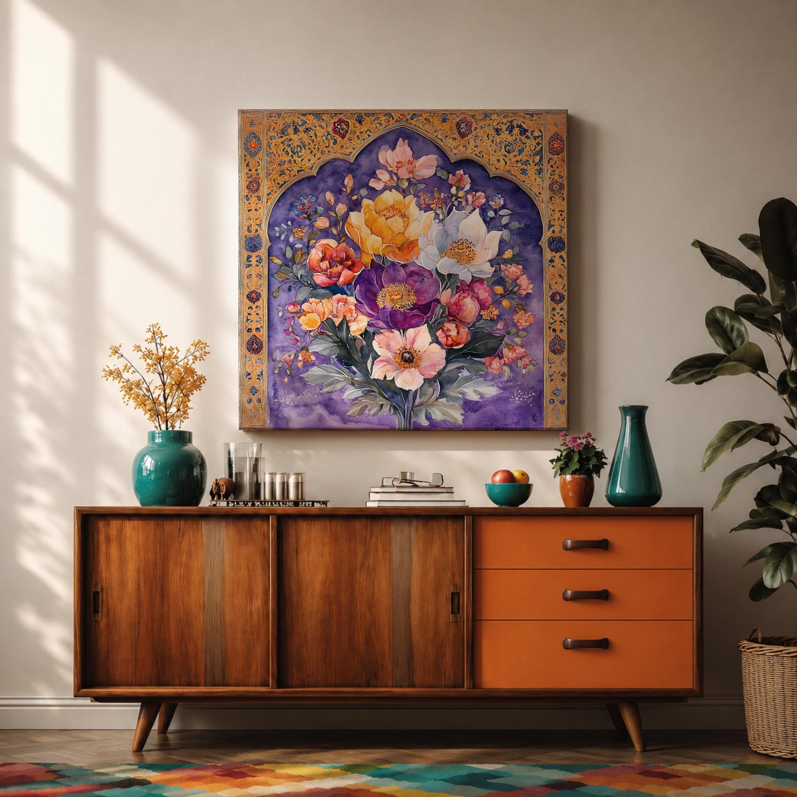 Persian Floral Wall Art Arch Bouquet Framed Canvas Gol O Morgh Persian Islamic Decor