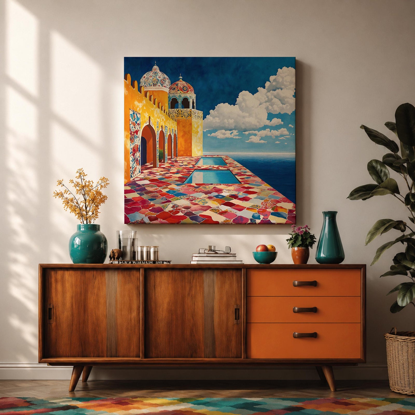 Moroccan Palace Wall Art Ocean Terrace Framed Canvas Riad Mosaic Islamic Home Decor