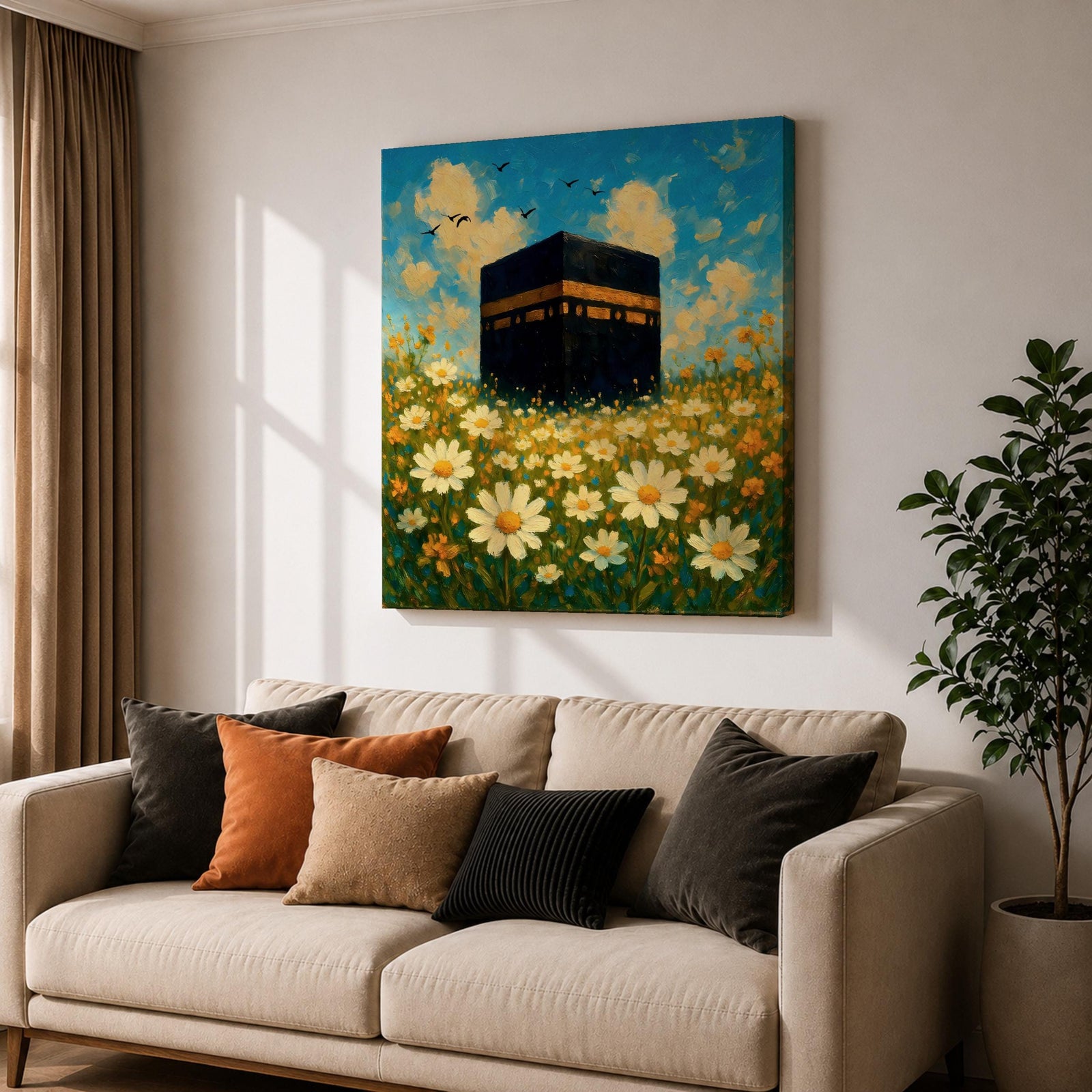 Kaaba Wall Art Daisy Field Framed Canvas Makkah Impressionist Islamic Home Decor