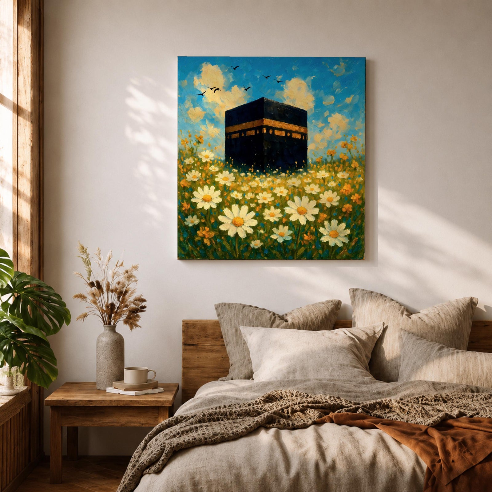 Kaaba Wall Art Daisy Field Framed Canvas Makkah Impressionist Islamic Home Decor