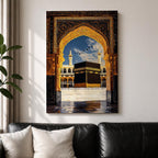 Artwork depicting the Kaaba in Masjid Al Haram in Mecca viewed through an ornate golden mosque arch, with two tall minarets rising behind the sacred courtyard and birds flying across a bright blue sky.