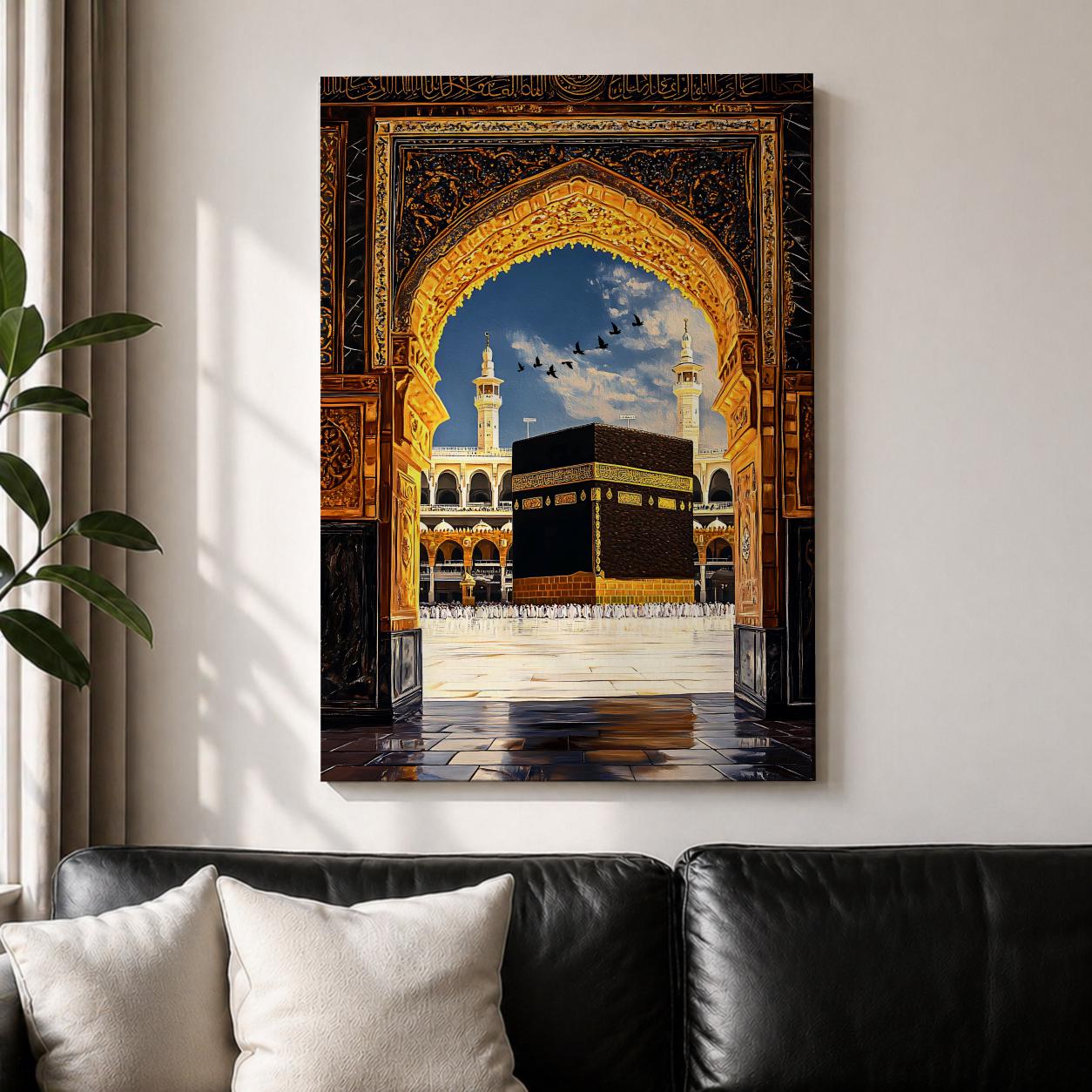 Artwork depicting the Kaaba in Masjid Al Haram in Mecca viewed through an ornate golden mosque arch, with two tall minarets rising behind the sacred courtyard and birds flying across a bright blue sky.