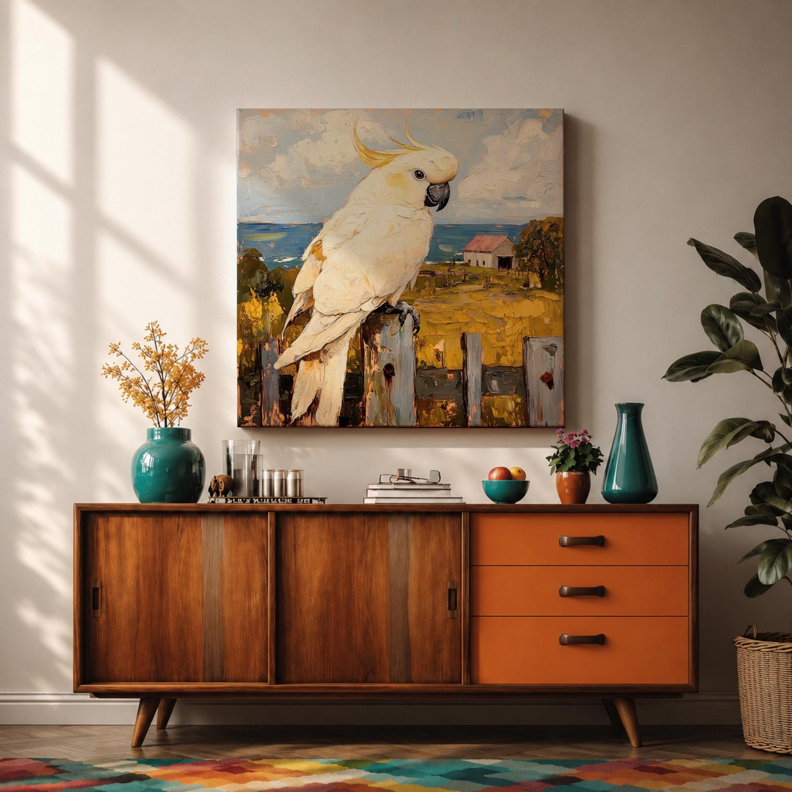Cockatoo Wall Art Sulphur Crested Parrot Framed Canvas Australian Bird Impasto Animal Home Decor