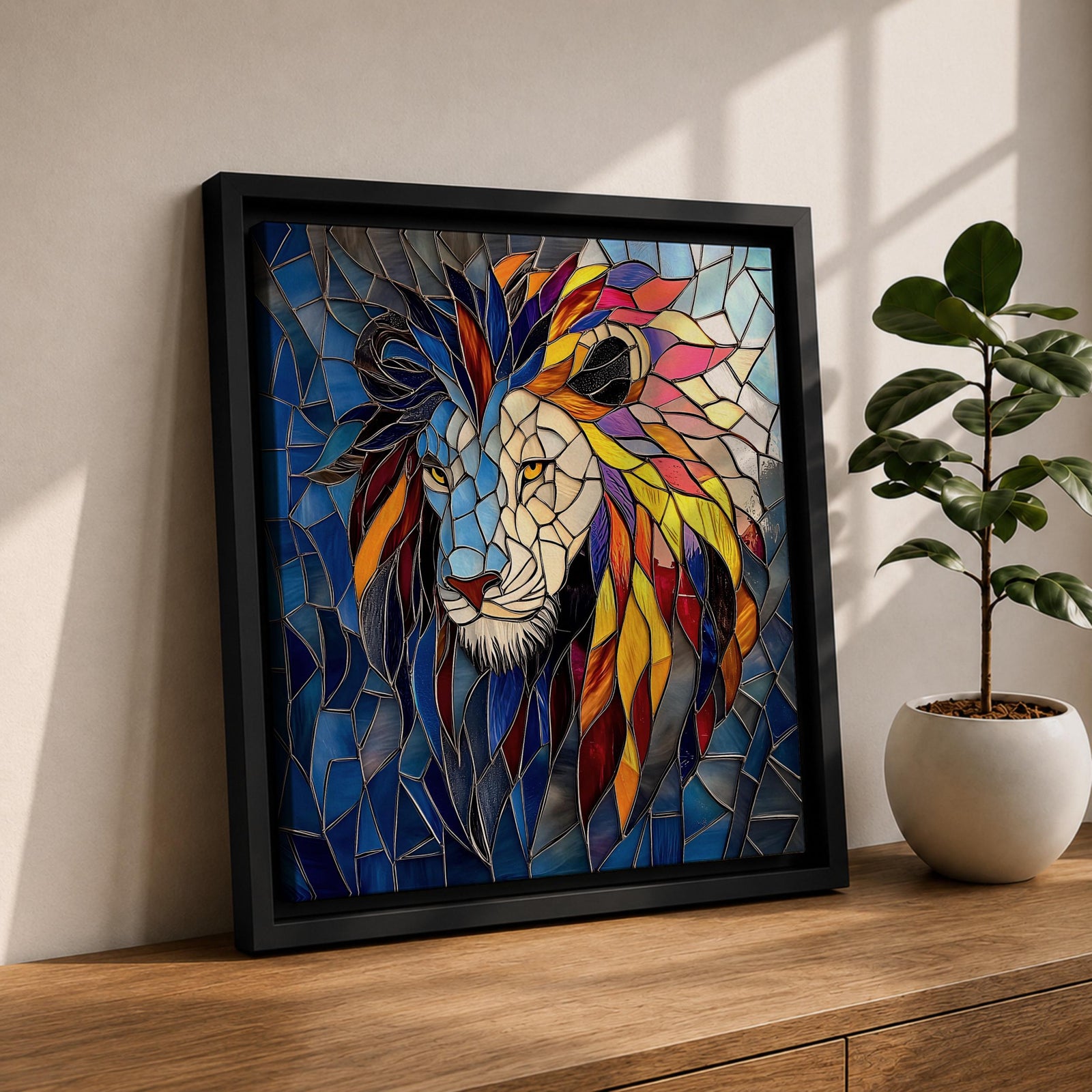 Lion Wall Art Savanna King Framed Canvas Jungle Stained Glass Safari Wildlife Decor