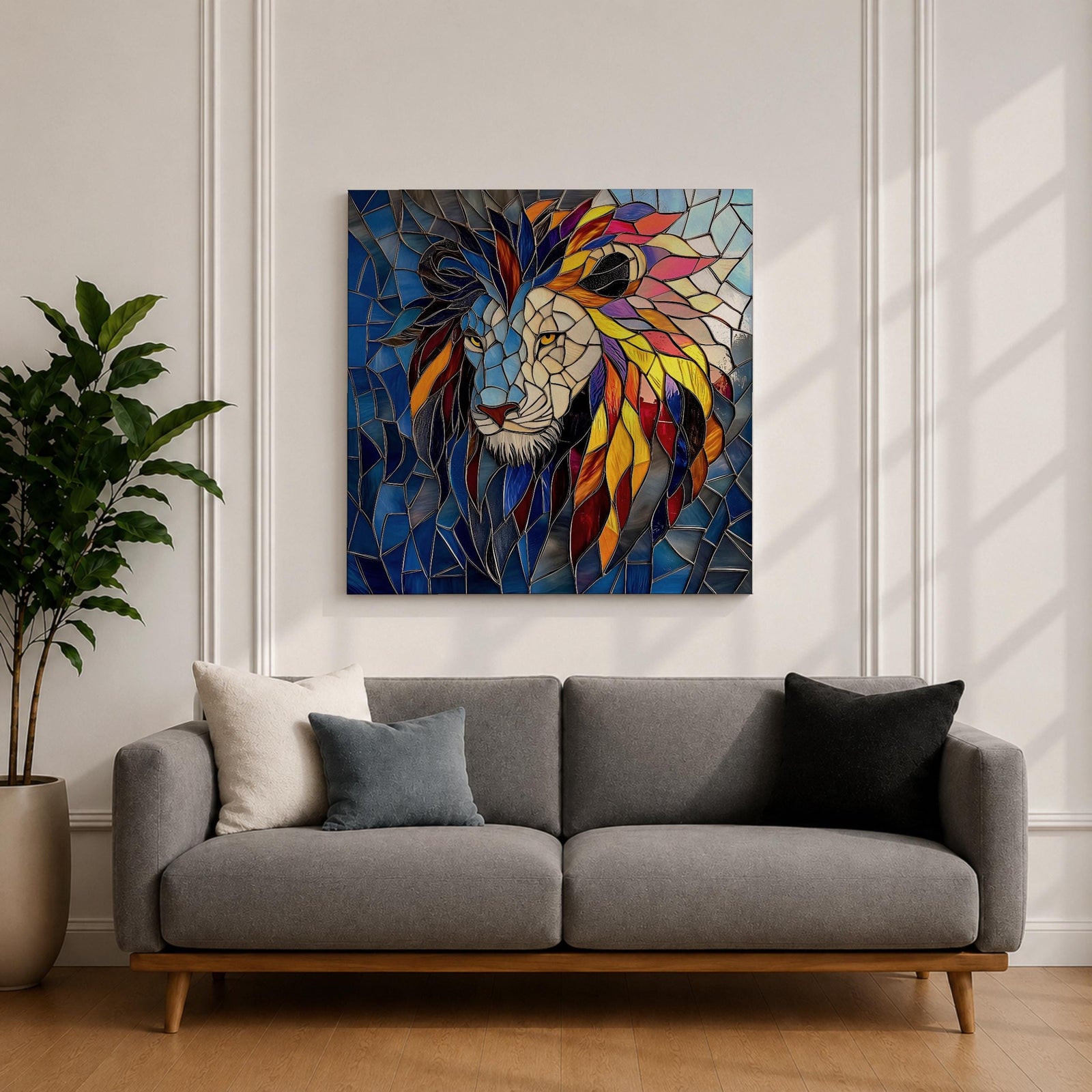 Lion Wall Art Savanna King Framed Canvas Jungle Stained Glass Safari Wildlife Decor