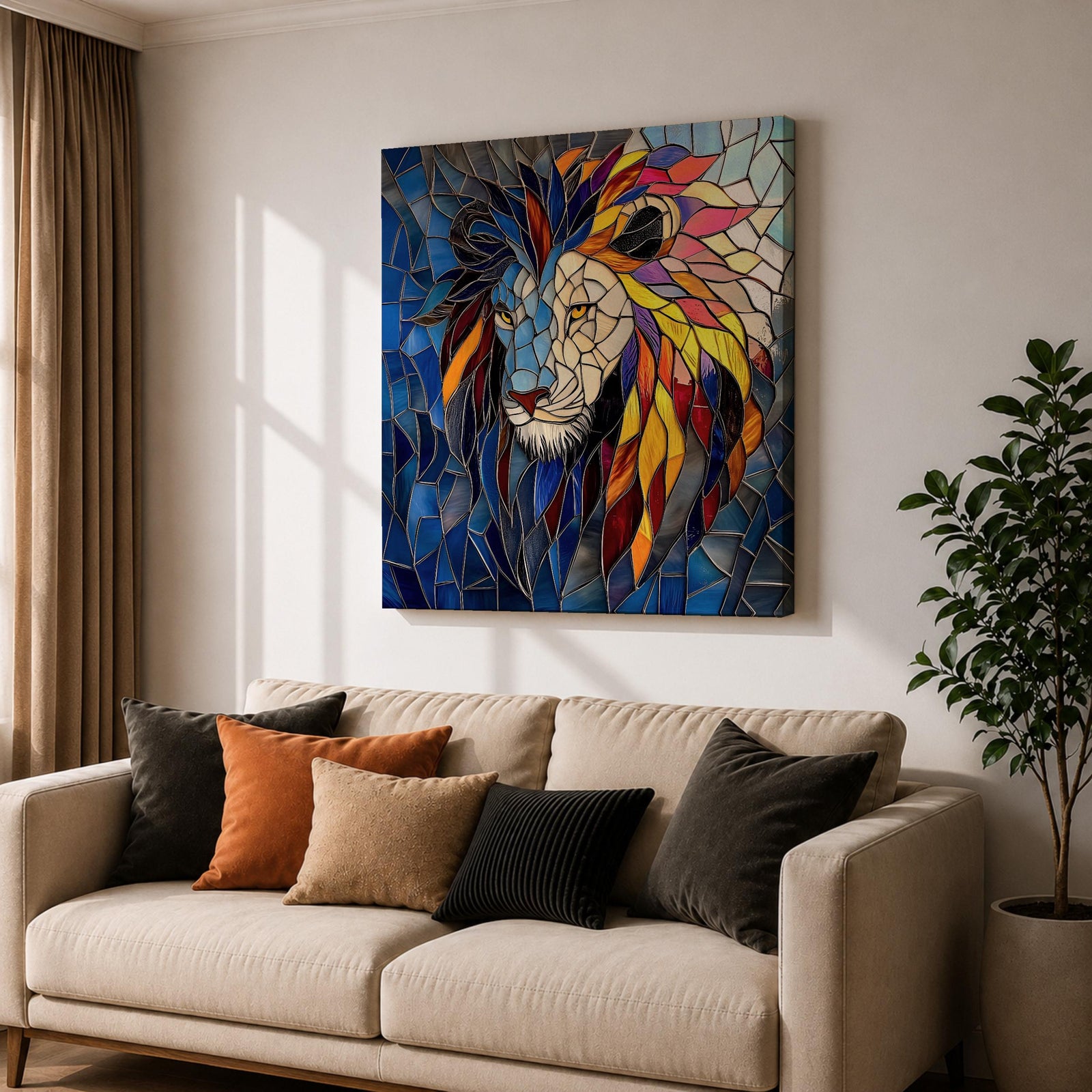 Lion Wall Art Savanna King Framed Canvas Jungle Stained Glass Safari Wildlife Decor