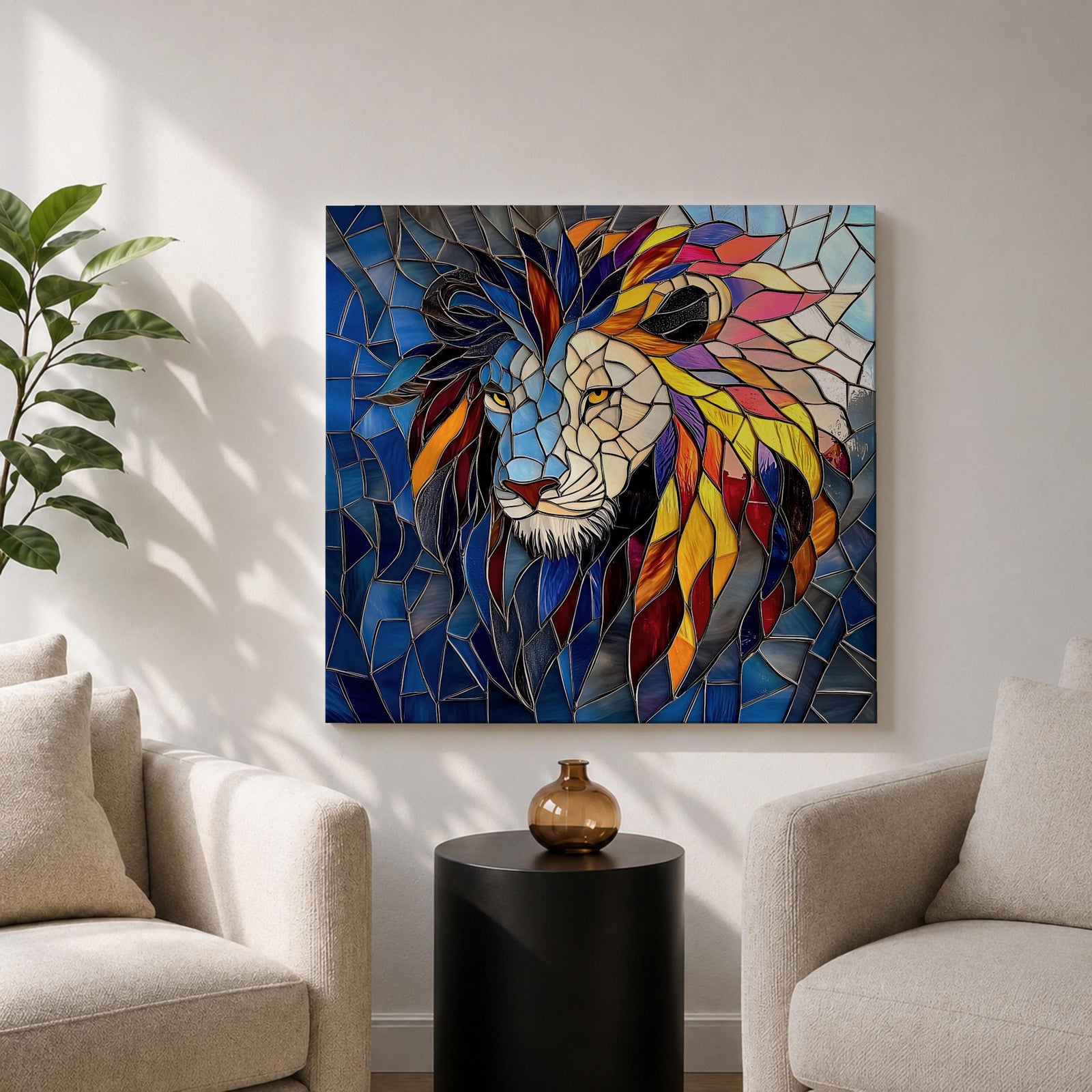 Lion Wall Art Savanna King Framed Canvas Jungle Stained Glass Safari Wildlife Decor