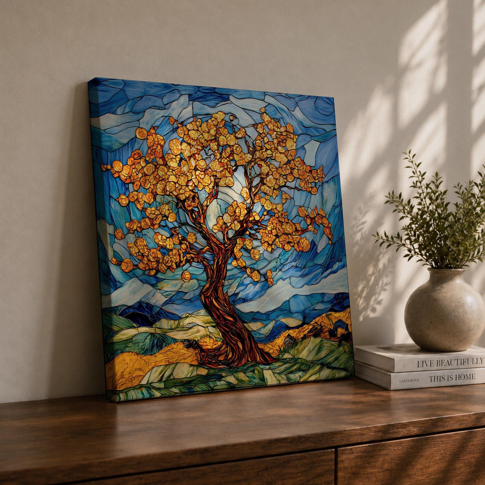 Tree Wall Art Yggdrasil Framed Canvas Stained Glass Botanical Mosaic Home Decor