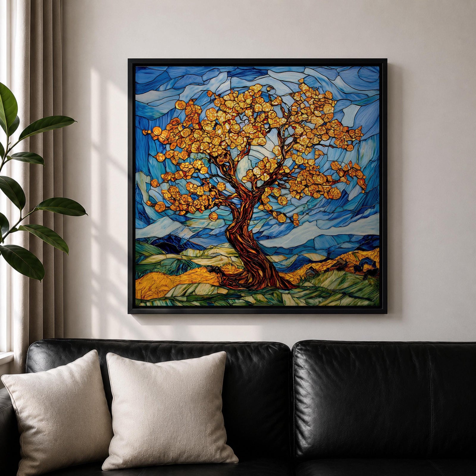 Tree Wall Art Yggdrasil Framed Canvas Stained Glass Botanical Mosaic Home Decor