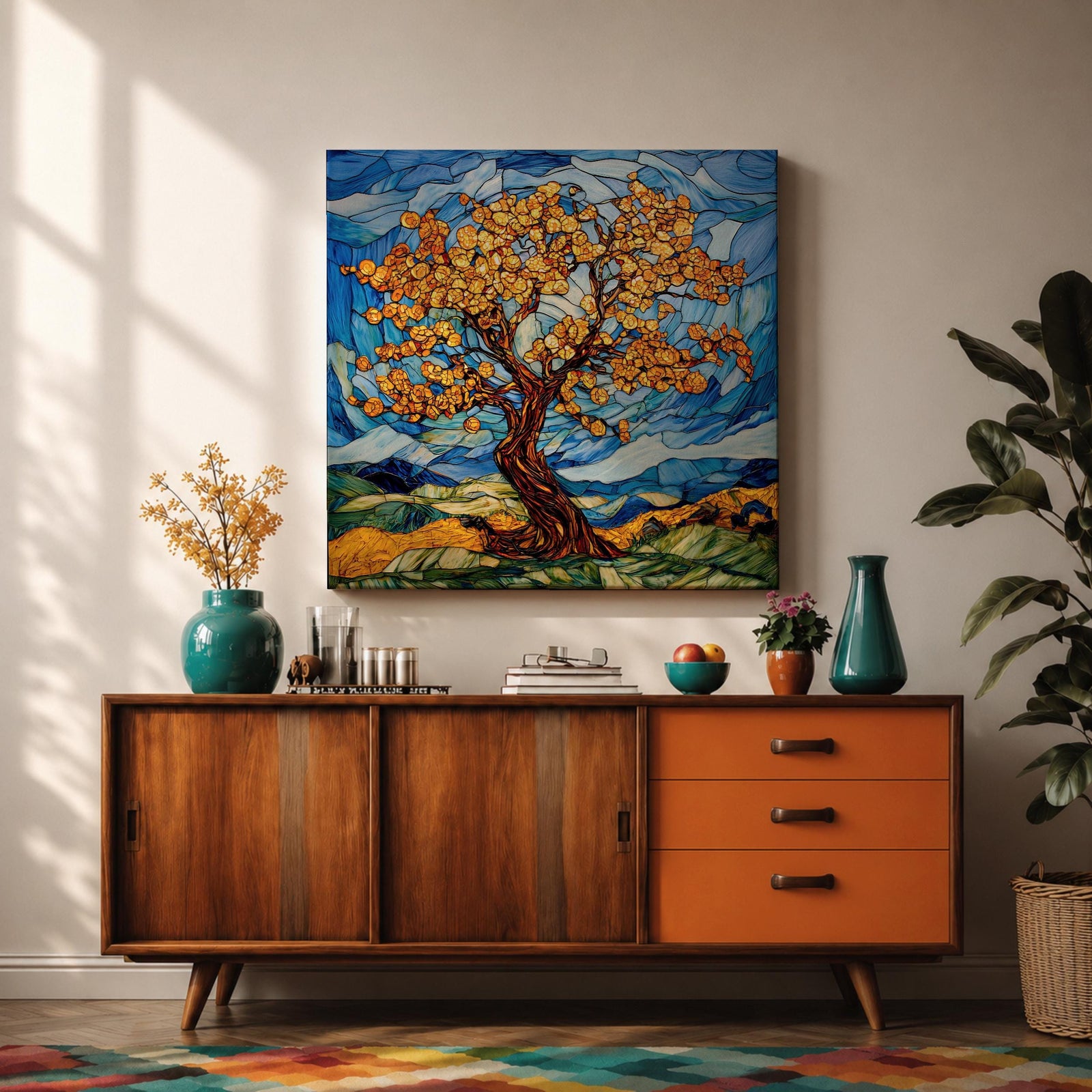 Tree Wall Art Yggdrasil Framed Canvas Stained Glass Botanical Mosaic Home Decor