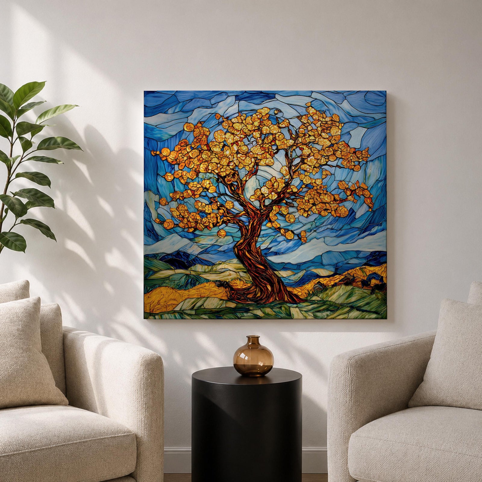 Tree Wall Art Yggdrasil Framed Canvas Stained Glass Botanical Mosaic Home Decor
