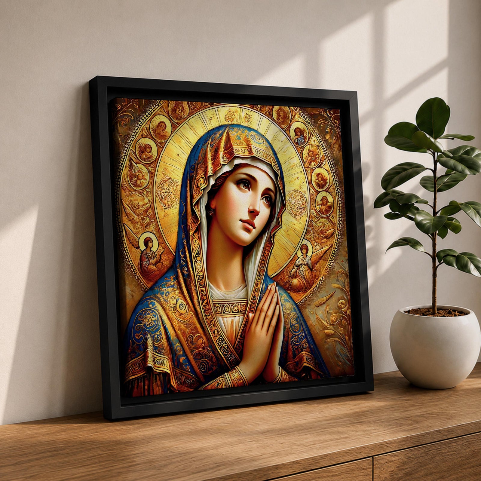 Virgin Mary Wall Art Theotokos Framed Canvas Catholic Byzantine Icon Home Decor