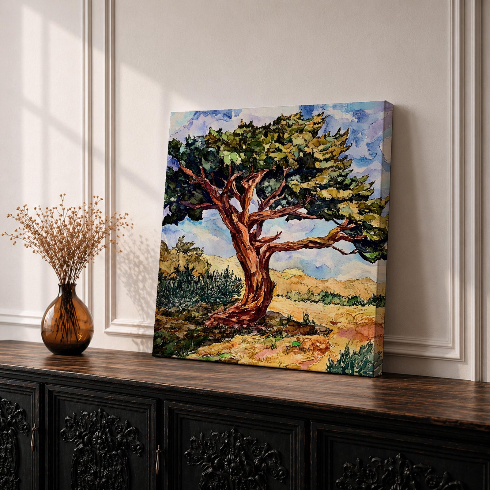 Ancient Tree Wall Art Windswept Cypress Framed Canvas Landscape Botanical Rustic Home Decor
