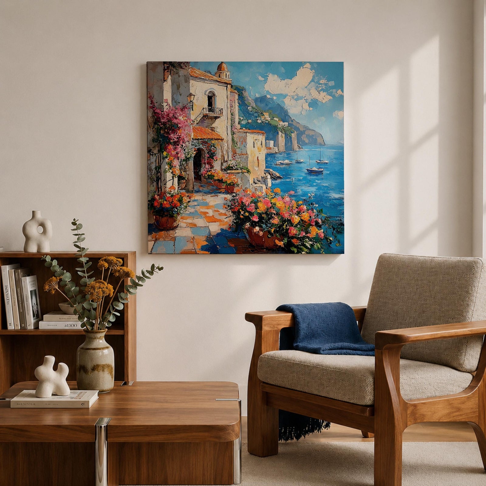 Amalfi Coast Italy Wall Art Mediterranean Seaside Framed Canvas Coastal Landscape Living Room Decor