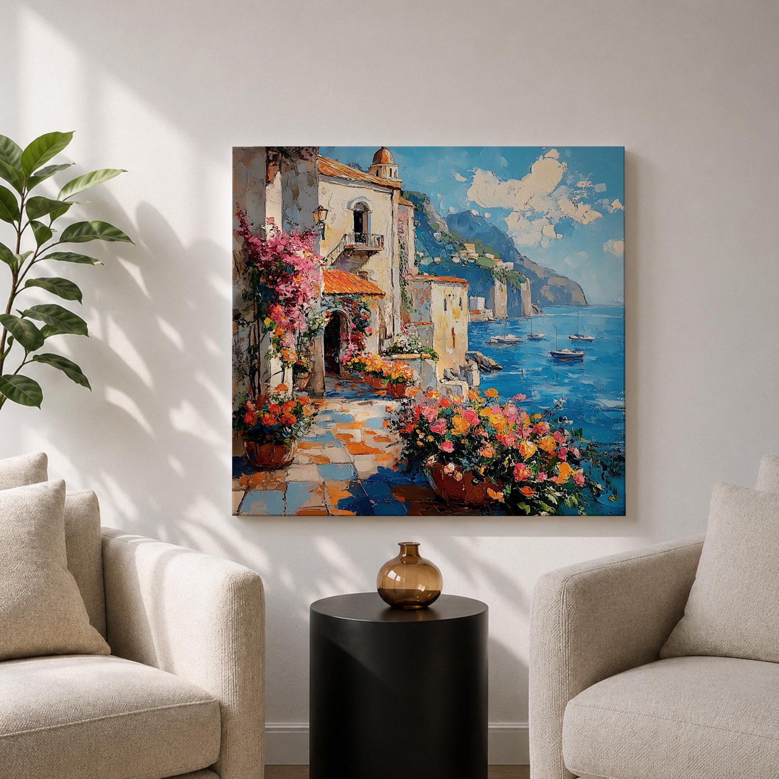 Amalfi Coast Italy Wall Art Mediterranean Seaside Framed Canvas Coastal Landscape Living Room Decor