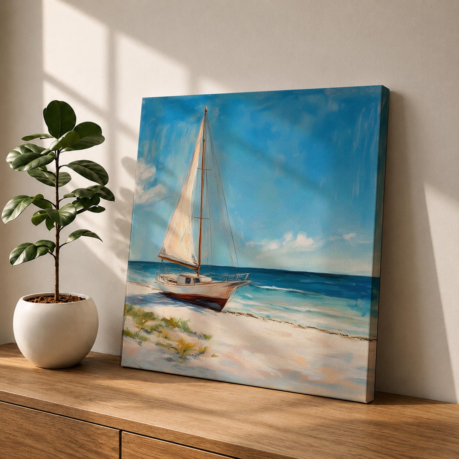 Sailboat Beach Wall Art Coastal Sailing Framed Canvas Ocean Seascape Landscape Living Room Decor