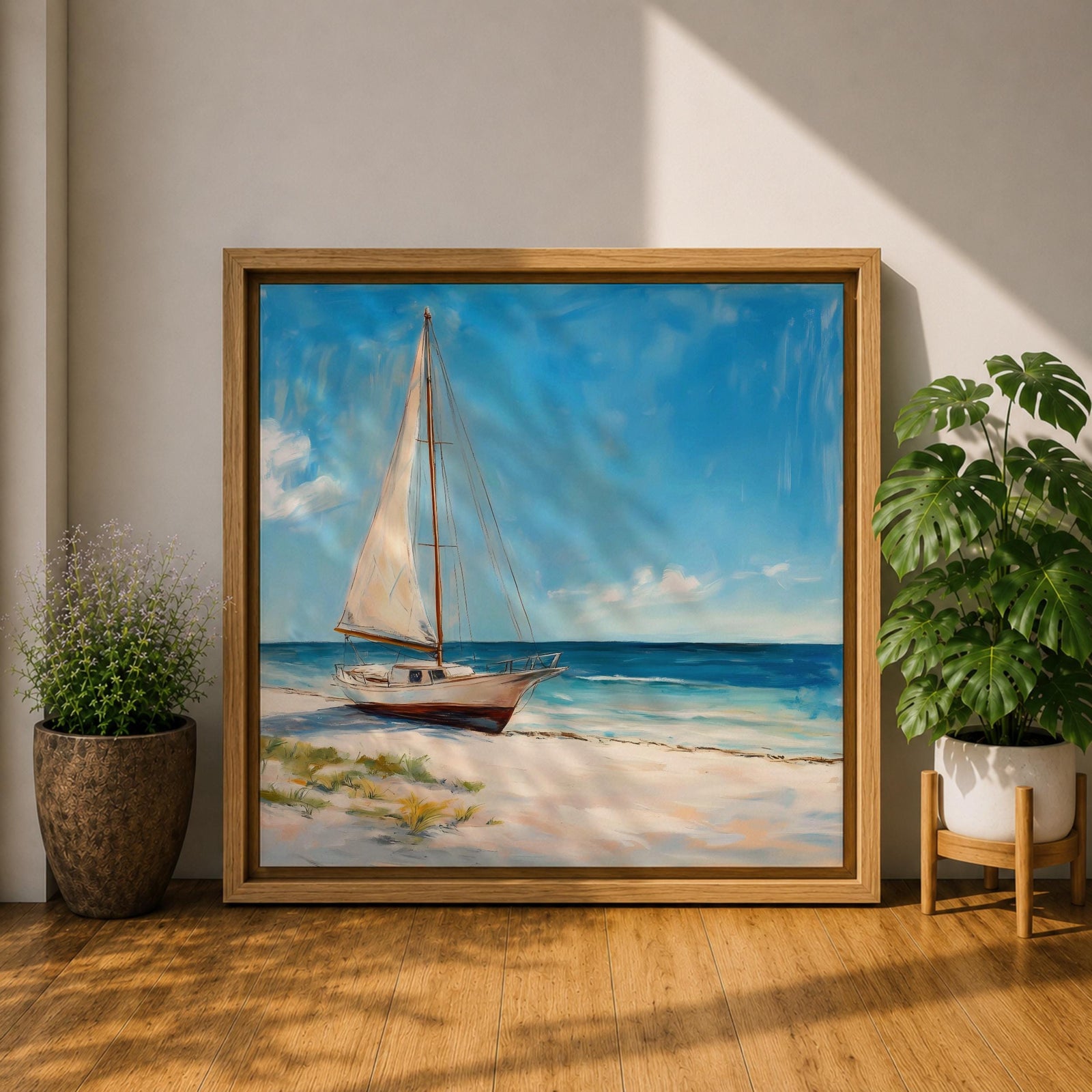 Sailboat Beach Wall Art Coastal Sailing Framed Canvas Ocean Seascape Landscape Living Room Decor