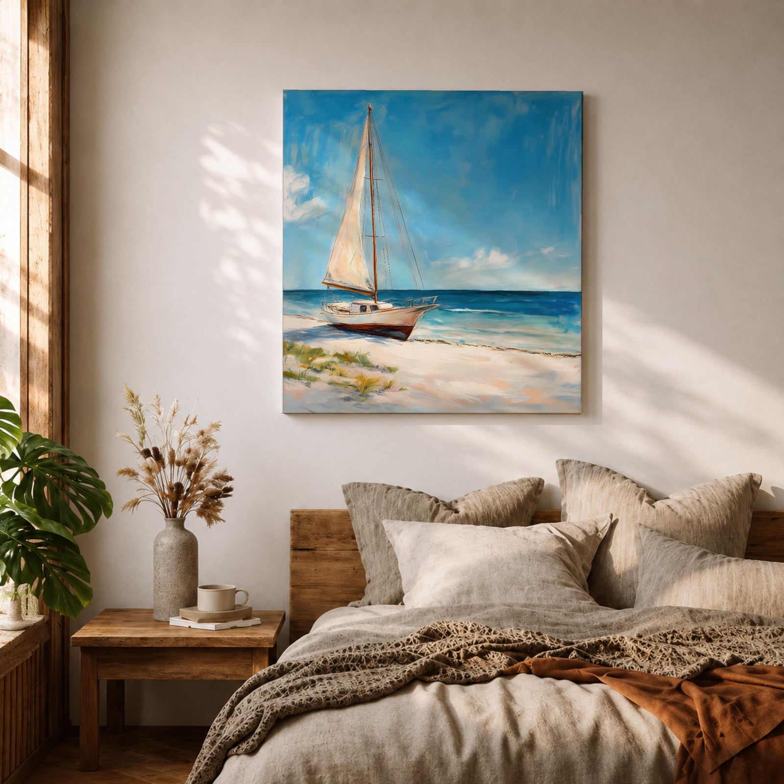 Sailboat Beach Wall Art Coastal Sailing Framed Canvas Ocean Seascape Landscape Living Room Decor