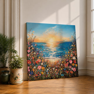 Wildflower Beach Sunset Wall Art Coastal Floral Framed Canvas Ocean Landscape Living Room Decor
