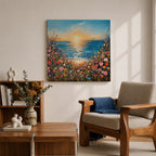 Wildflower Beach Sunset Wall Art Coastal Floral Framed Canvas Ocean Landscape Living Room Decor