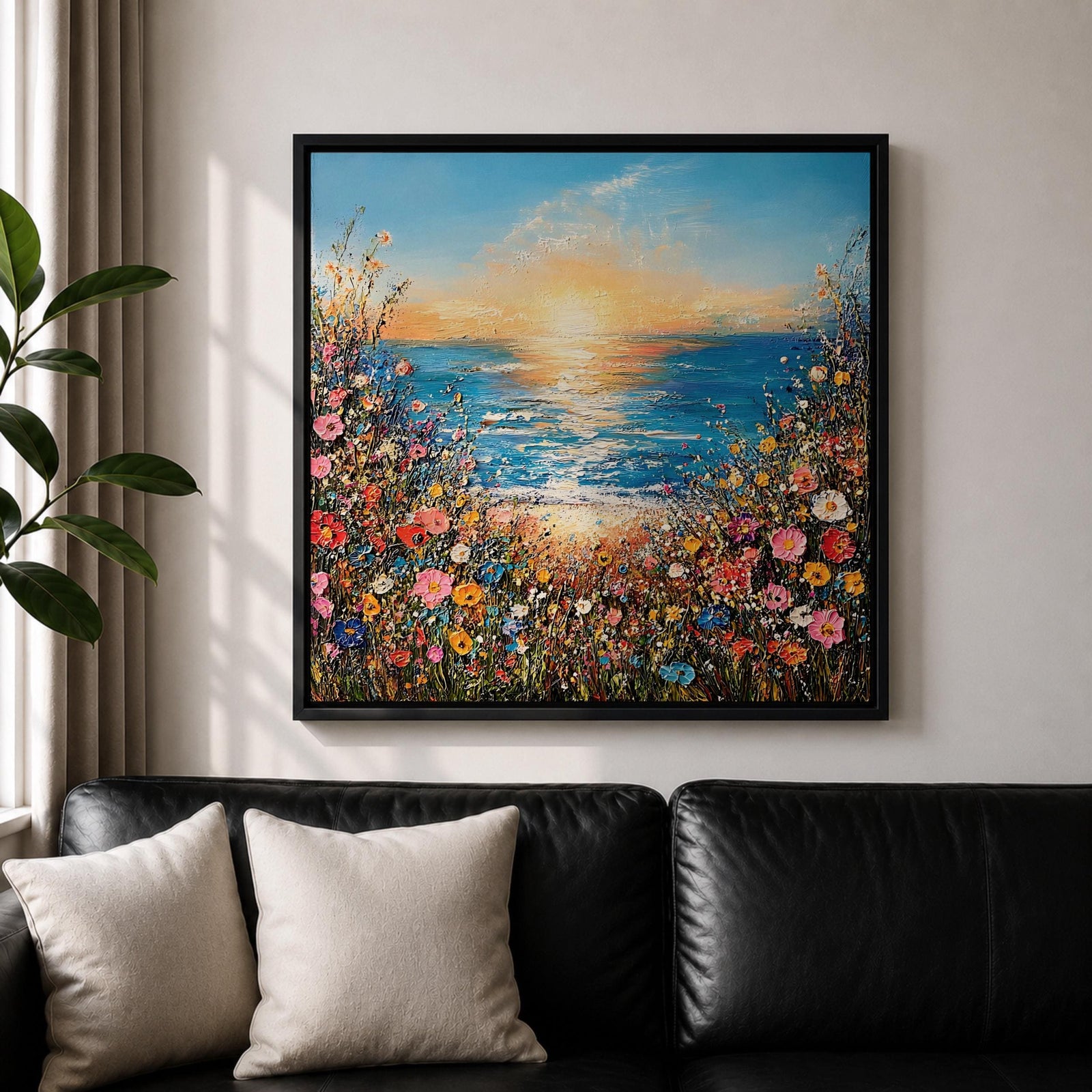 Wildflower Beach Sunset Wall Art Coastal Floral Framed Canvas Ocean Landscape Living Room Decor